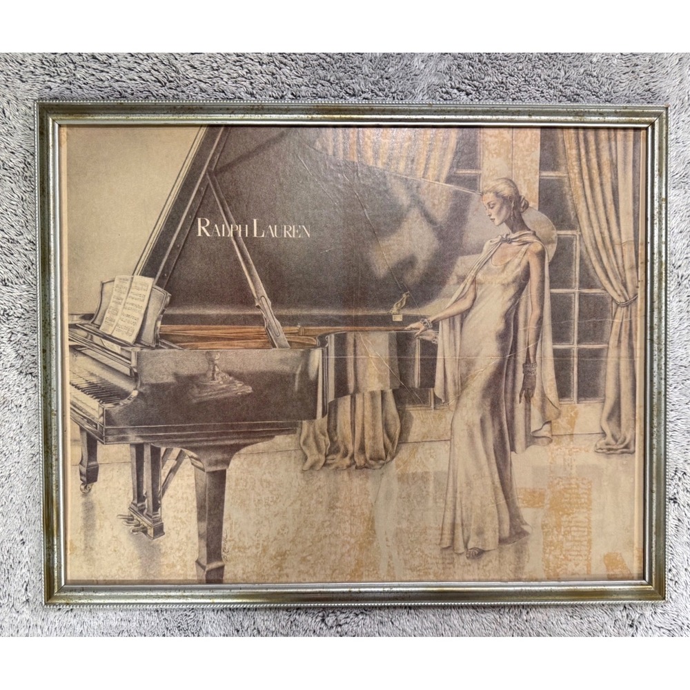 Vintage Ralph Lauren Framed Sepia Art Print Woman at Grand Piano 20.5x25 Rare